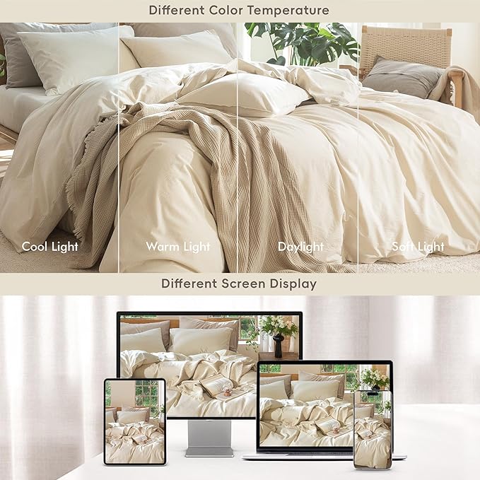 MooMee Bedding Duvet Cover Set 100% Washed Cotton Linen Like Textured Breathable Durable Soft Comfy (Heathered Almond Milk Grey, Full 80"x90")
