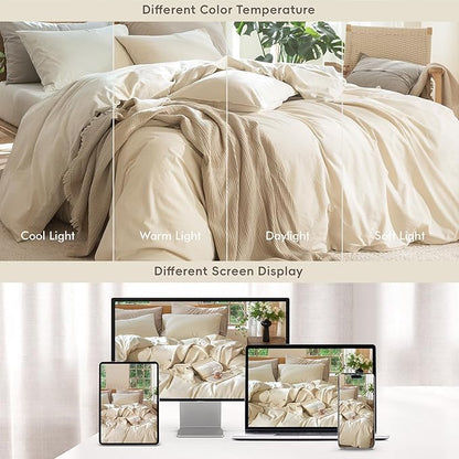 MooMee Bedding Duvet Cover Set 100% Washed Cotton Linen Like Textured Breathable Durable Soft Comfy (Heathered Almond Milk Grey, Full 80"x90")