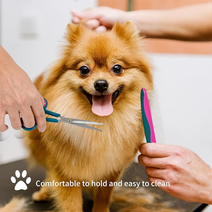 Professional 5 in 1 Pet Grooming Kit - Stainless Steel Dog & Cat Grooming Scissors with Rounded Tip Blades for Safe Fur Trimming, Thinning Shears, Straight Scissors, and Pet Comb (Green 5 in 1)-Mewly Pet