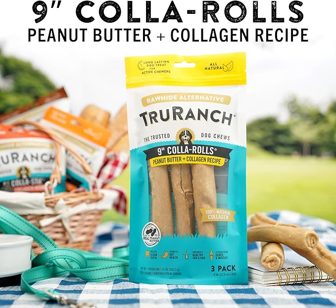Collagen Rolls - 9" Collagen Rolls for Dogs - Long Lasting Healthy Joint Support Dog Treat - Rawhide Alternative - Skin & Coat Health - Made with Real Peanut Butter, 1 Bag, 3 Count-Mewly Pet