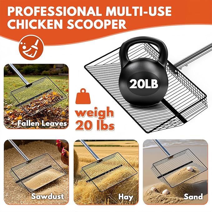 15inch Large Chicken Poop Scooper, 2 Slot Widths (0.16"&0.28"), 39" to 76" Adjustable Stainless Steel Handle, Sifting Litter Shovel for Chicken Coop/Stables/Farm Cleaning(with Effortless Grip)-Mewly Pet
