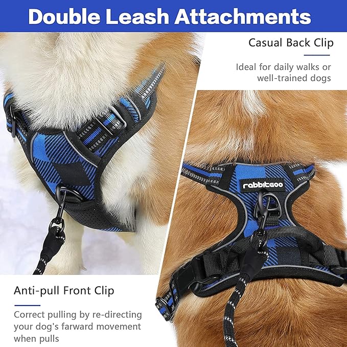 rabbitgoo Dog Harness No-Pull, Comfortable Padded Plaid Harness with Handle Easy Control, Adjustable Reflective Pet Vest with 2 Leash Clips for Small Dog, Blue Plaid, S-Mewly Pet