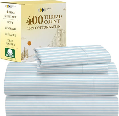 California Design Den Full Size Bed Sheets Set - 400 Thread Count Sateen, Natural 100% Cotton Sheets, Deep Pocket Cooling and Durable Bedding Set - Cape Stripe