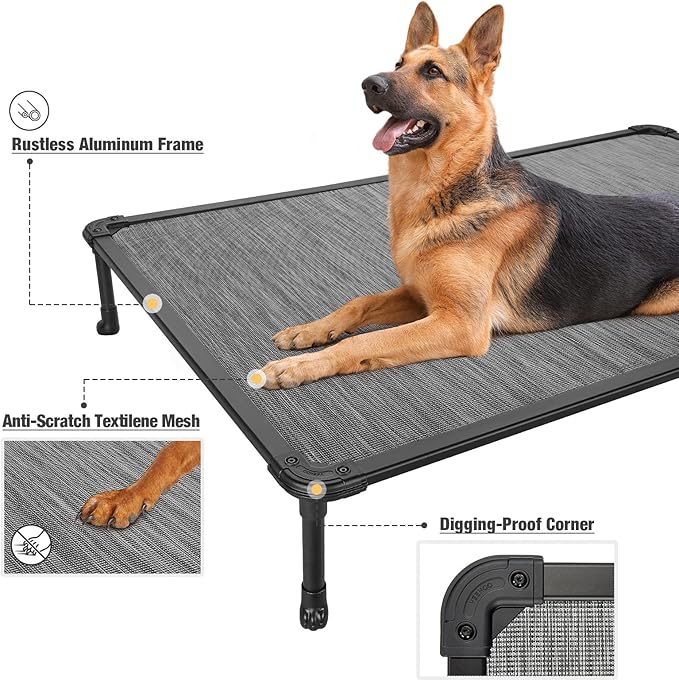 Veehoo Chew Proof Elevated Dog Bed - Cooling Raised Pet Cot- Rustless Aluminum Frame and Durable Textilene Mesh, Unique Designed No-Slip Feet for Indoor or Outdoor Use, Black Silver, XX Large-Mewly Pet