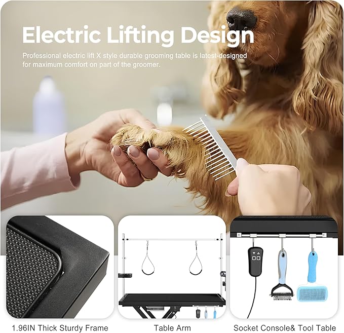 Electric Pet Grooming Table for Large Dogs - Professional Heavy Duty Height Adjustable Pet Grooming Station with Anti Slip Tabletop, Two Nooses & Tool Organizer, Maximum Capacity Up to 250 lbs Black-Mewly Pet