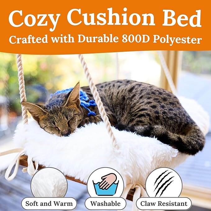 Cat Window Perch for Large Cats - Hammock Bed for Heavy Indoor Cats - Solid Wood Seat, 5 Strong Suction Cups, Soft Cushion - Rustic Shelf for Pets Inside-Mewly Pet