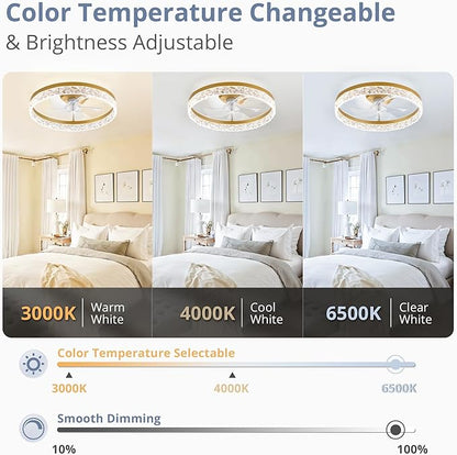 LEDIARY 20" Modern Ceiling Fans with Lights and Remote, Dimmable Low Profile Ceiling Fan, Flush Mount Fan, Stepless Color Temperature Change and 6 Speeds - Gold