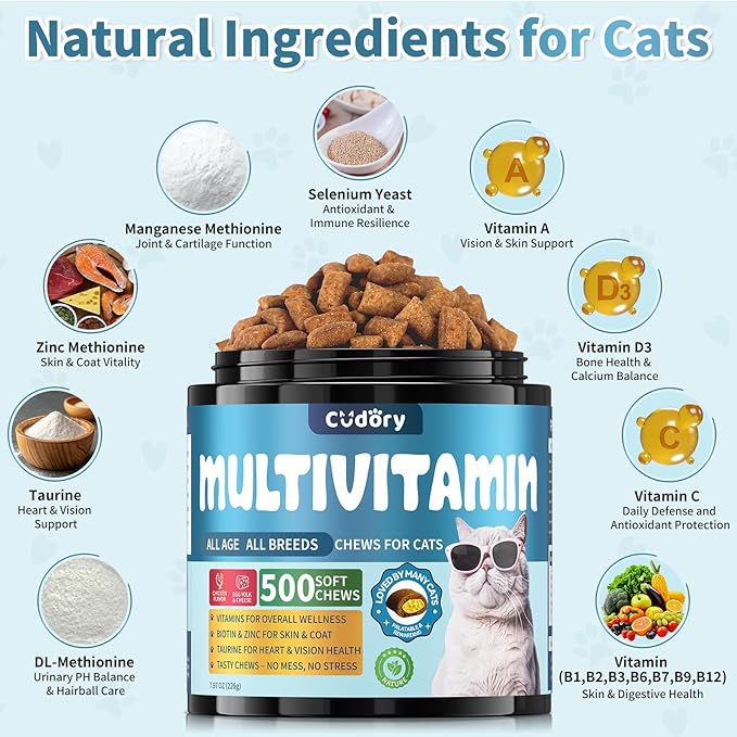 Cat Multivitamin, Crunchy & Creamy Cheese Chew– Supports Energy and Skin & Coat – with Taurine, B-Complex, Zinc Methionine & Selenium Yeast – Daily Health Supplement for Cats of All Ages (500 Chew)-Mewly Pet