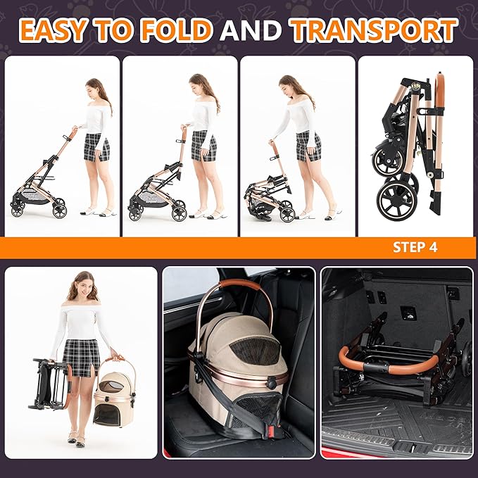 Kenyone 3-in-1 Pet Stroller for Small Medium Dogs Puppy Cat Stroller with Detachable Carrier & Pad Lightweight Foldable Aluminum Alloy Frame Dual No-Zip Entry(Khaki)-Mewly Pet