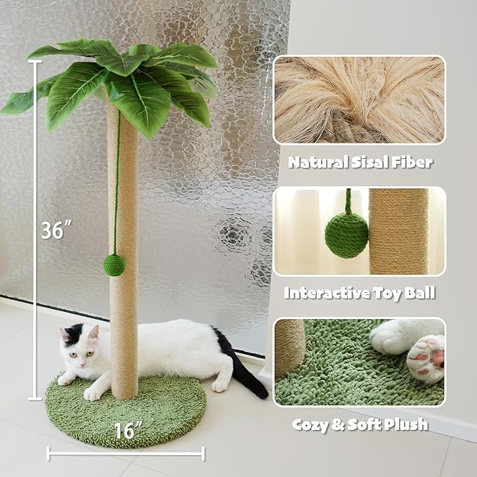 PETKARAY Cat Scratching Post with Cat Beach Chair, 36" Tall Palm Tree Cat Scratching Post, Large Sisal Cat Scratcher for Indoor Kittens-Mewly Pet