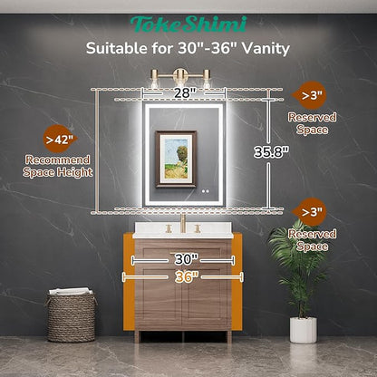 TokeShimi 28x36 LED Mirror for Bathroom,Backlit + Front lit,LED Bathroom Mirror with Lights,Anti-Fog Backlit Mirrror with Tempered Glass,Waterproof,Memory Function,Shatterproof,UL Listed