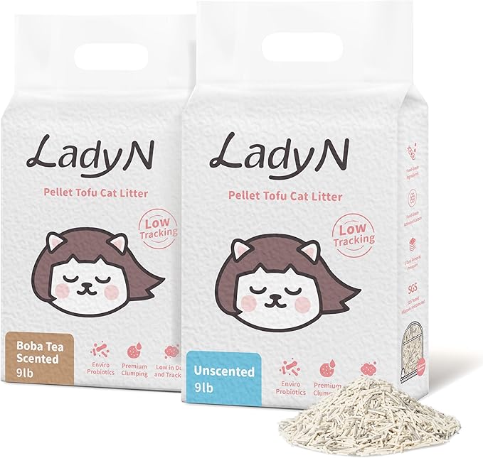 Lady N Pellet Tofu Cat Litter, Strong Clumping Ultra Absorbent Natural Litter, Dust-Free, Low Tracking Cat Litter, Enviro-probiotic and Activated Carbon for Odor Control 18lb (Boba Tea+ Unscented)-Mewly Pet