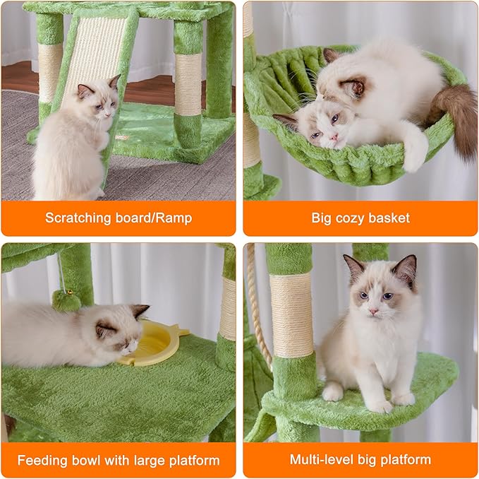 Heybly Tall Cat Tree,78 inch Multi-Level Cat Tower for Indoor Cats, 2 Widened Plush Perches Cat Condo with Scratching Board and Big Caves, Green HCT033GR-Mewly Pet