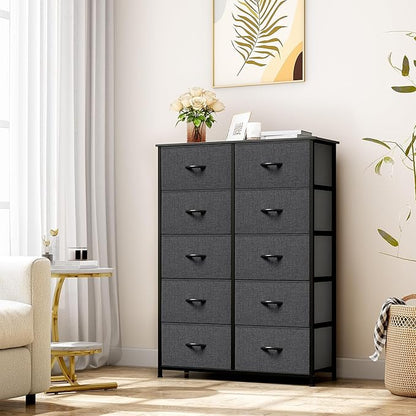 YITAHOME 10 Drawer Dresser - Fabric Storage Tower, Organizer Unit for Bedroom, Living Room, Hallway, Closets - Sturdy Steel Frame, Wooden Top & Easy Pull Fabric Bins (Black Grey)