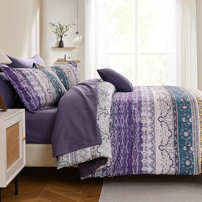 Boho King Size Comforter Set 8 Pieces, Violet Bohemian Striped Bed in a Bag, Paisley Soft Microfiber Bedding Comforter Set