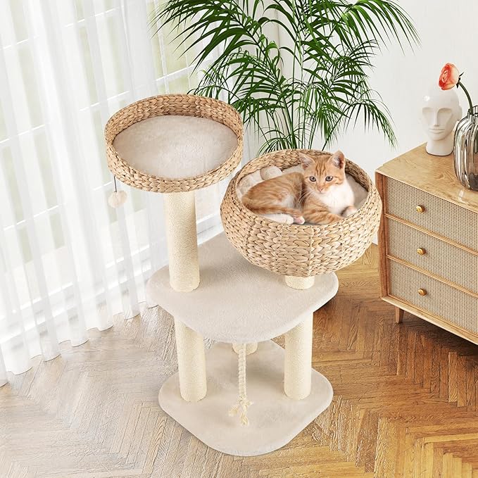 Tangkula Modern Cat Tree, Tall Cat Tower with Natural Sisal Scratching Post, Hand-Made Wicker Cat Condo & Top Perch, Funny Hanging Toy Ball, Cute Cat Tree Tower for Indoor Cats-Mewly Pet