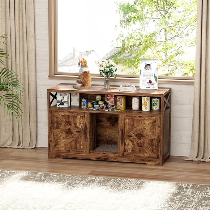 Cat Litter Box Enclosure for 2 Cats, 47" Double Hidden Litter Box Furniture with Scratch Pad, Farmhouse Indoor Litter Box Cabinet Cat Washroom, Rustic Brown-Mewly Pet