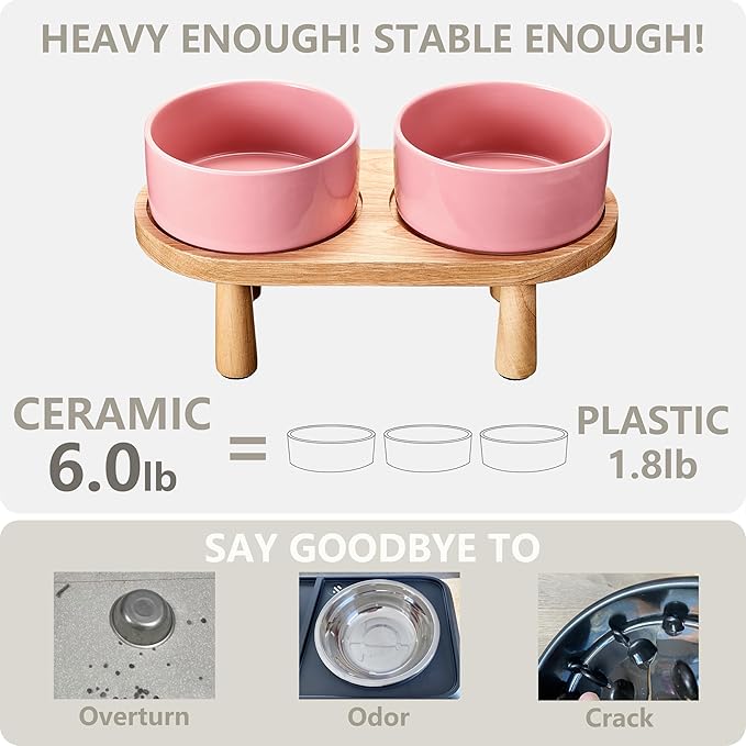 Ceramic Elevated Dog Bowls, Pet Food and Water Bowl Set for Medium and Small Dogs, 3.5 Cups Dog Bowls Raised with Wood Stand, 29OZ, Pink-Mewly Pet