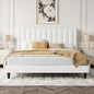 Allewie King Bed Frame/Velvet Upholstered Bed Frame with Vertical Channel Tufted Headboard/Strong Wooden Slats/Platform Bed Frame/Mattress Foundation/Box Spring Optional/Easy Assembly/White