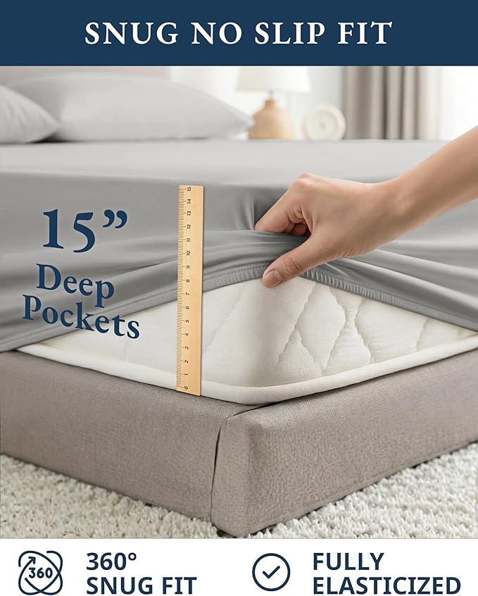 LANE LINEN 100% Organic Cotton Eco Friendly Full Size Sheet & Pillowcase Sets, 15" Deep Pocket Fully Elasticized Soft & Comfy Percale Bedding, Naturally Temperature Regulating Sheets Full- Silver