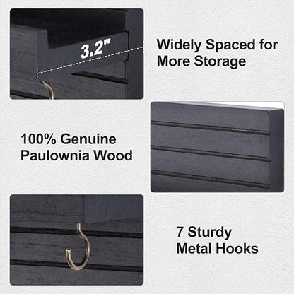 Decorative Key Holder for Wall with Shelf, Entryway Shelf with Hooks Holds Leashes, Jackets and Glasses – Sturdy Wood Keyholder Entrance Hanger with Mounting Hardware (Black, Large)