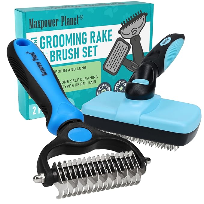 Maxpower Planet Dog Rake and Dog Hair Brush - Gently Removes Loose Undercoat, Mats and Tangled - Deshedding Grooming Tool for Dogs & Cats - Self Cleaning Slicker Brush - All Hair Types-Mewly Pet
