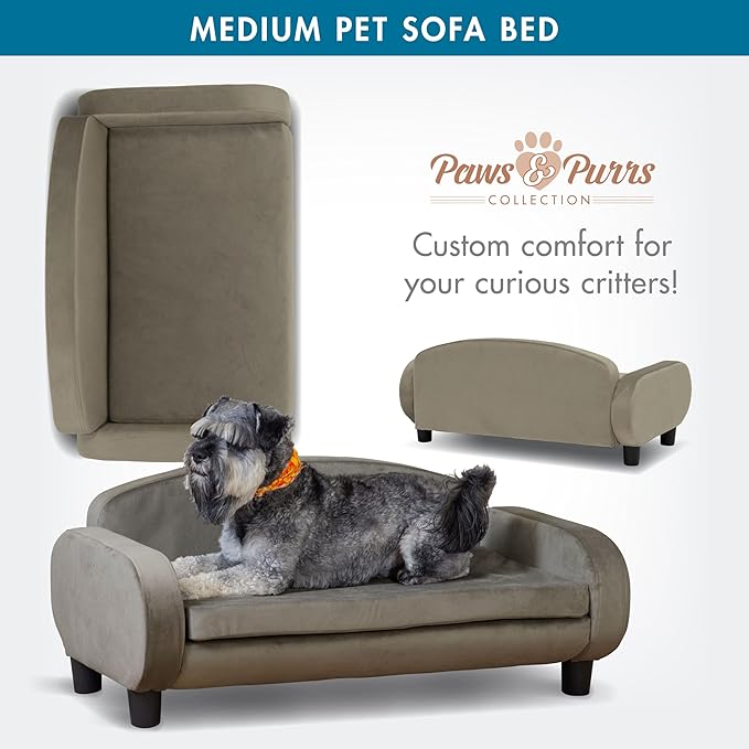 Paws & Purrs Multi-Cat Sofa Elevated Pet Bed for Indoor Cats Raised Cats Couch with Removable Washable Mattress Cover for Kittens, Dogs - 35.5" Wide, Ash-Mewly Pet