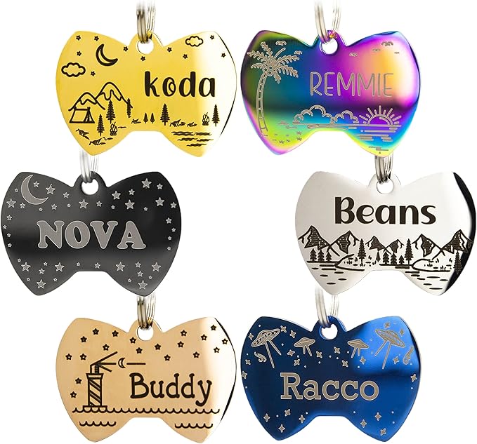 Personalized Dog Tag with 5 Lines of Custom Deep Engraved Durable Stainless Steel Pet ID Name Tag Designer Small Size Bow Tie-Mewly Pet