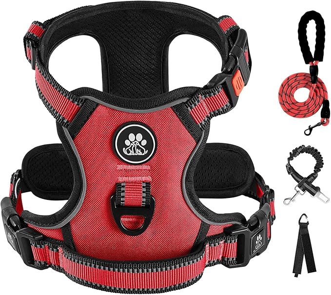 IVY&LANE No Pull Dog Harness for Large Dogs, Dog Vest Harness with Leash, Safety Belt and Storage Strap, Fully Adjustable Harness, 360° Reflective Strip, Soft Handle (Red, L)-Mewly Pet