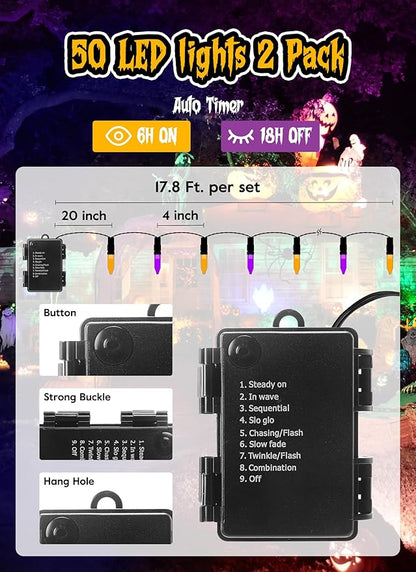 Halloween Orange Purple Outdoor Lights，17.8 Feet 50 LED Christmas Lights with 8 Modes，Waterproof Mini String Lights Battery Operated for Outdoor Indoor Use, Xmas Halloween Tree Holiday Party Patio