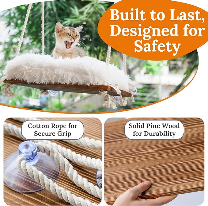 Cat Window Perch - Hammock Bed for Cats Inside - Solid Wood Seat, 4 Strong Suction Cups, Soft Cushion - Rustic Indoor Pet Shelf-Mewly Pet