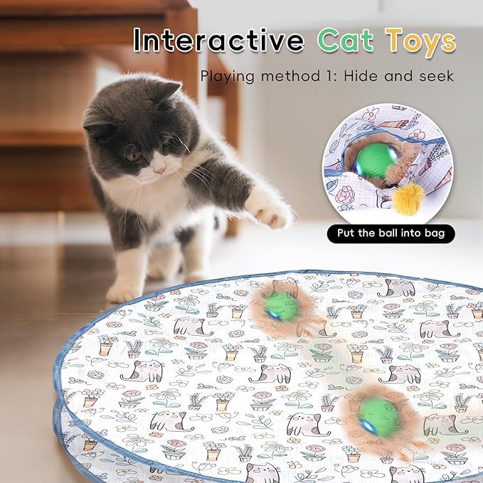 Interactive Cat Toys for Indoor Cats, Fast Rolling Cat Ball Toy in Pouch, Automatic Motion Activated Moving Ball Hide and Seek Exercise Game for Bored Cats, Rechargeable Kitten Toys with LED Light-Mewly Pet