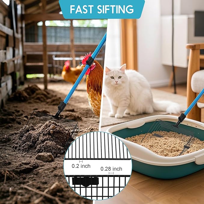 Large Chicken Poop Scooper & Rake: 22"-41" Extendable Long Handle Metal Chicken Coop Scooper with Detachable Heavy Duty Litter Sifting Shovel for Pet Waste | Chicken Coop Accessories-Mewly Pet