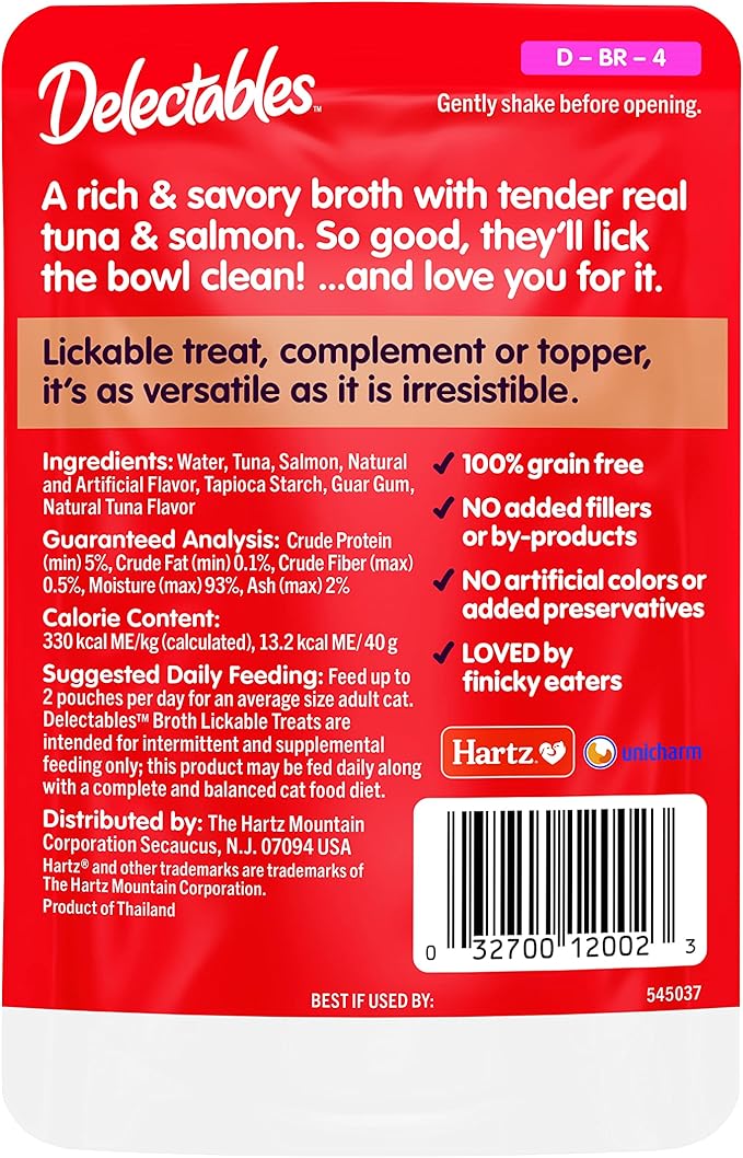 Hartz Delectables Savory Broths Tuna & Salmon Lickable Wet Cat Treats, 12 Count-Mewly Pet