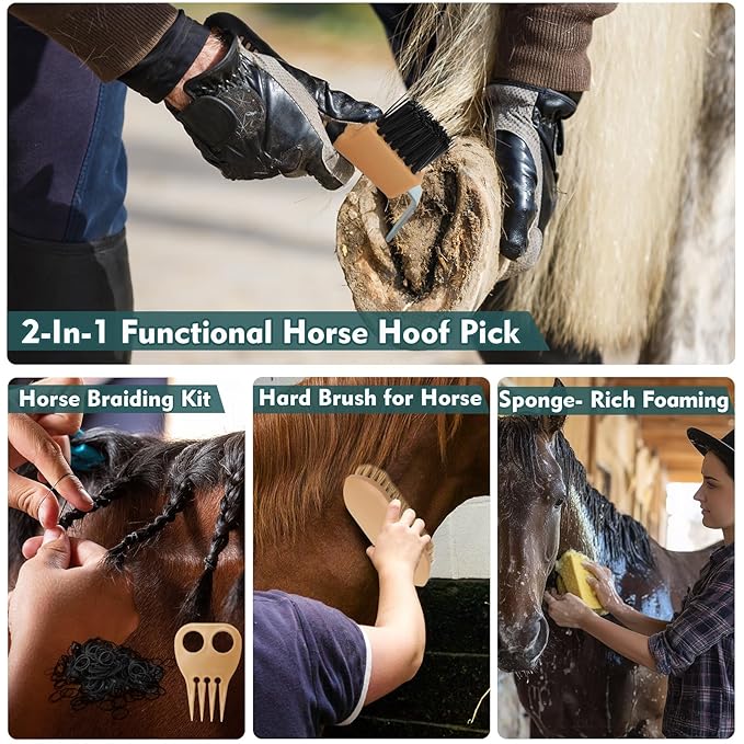 Horse Grooming Kit for Bathing, 13Pcs Horse-Brush Set with Mesh Bag, Shower Brushes, Braiding and Curry Comb, Sweat Scraper, Hoof Pick, Shedding Massaging Tool Supplies for Riders Beginners-Mewly Pet