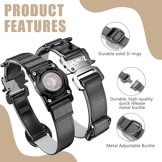 AirTag Dog Collar - Leather Dog Collar with Airtag Holder | IP68 Waterproof AirTag Holder with Metal Buckle, Comfortable GPS Dog Collars Tracker for Medium Large Dogs (Black, L)-Mewly Pet