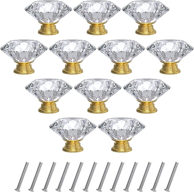 12-Pack Crystal Glass Cabinet Knobs for Home Decor, Vanity Drawers, Desks, Wardrobe Doors, Standard Screws Easy Installation for Home Refurbishment and Redecoration (Clear Crystal, 40mm, Gold Base)