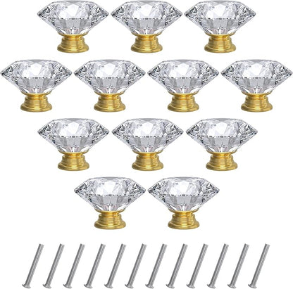12-Pack Crystal Glass Cabinet Knobs for Home Decor, Vanity Drawers, Desks, Wardrobe Doors, Standard Screws Easy Installation for Home Refurbishment and Redecoration (Clear Crystal, 40mm, Gold Base)