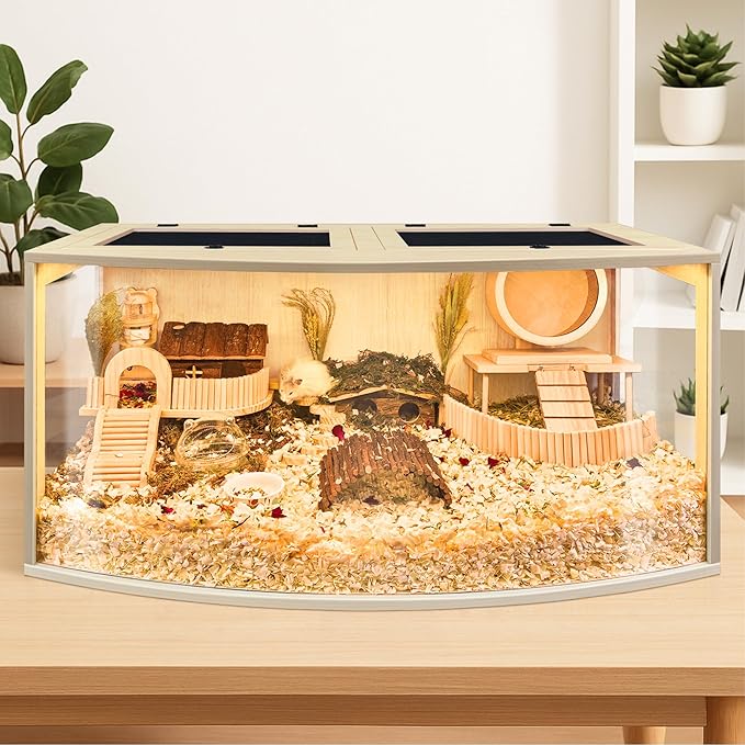 Prolee Hamster Cage Chew Proof Wood, Hamsters Enclosure Openable Top with Curved Design,Waterproof Small Animals Cage with Acrylic Sheets for Gerbils,Hamster Habitat(32 Inches)-Mewly Pet