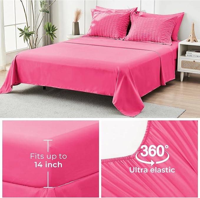HYMOKEGE Hot Pink Twin Comforter Set Seersucker 5 Pieces, All Season Luxury Bed in a Bag for Bedroom, Bedding Set with Comforter, Sheets, Pillowcase & Sham