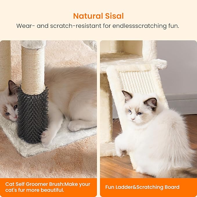 Heybly Cat Tree with Cat Self Groomer Brush, Cat Tower Condo for Indoor Cats with Padded Plush Perch, Cat House with Basket Scratching Board Post, Beige HCT005SM-Mewly Pet