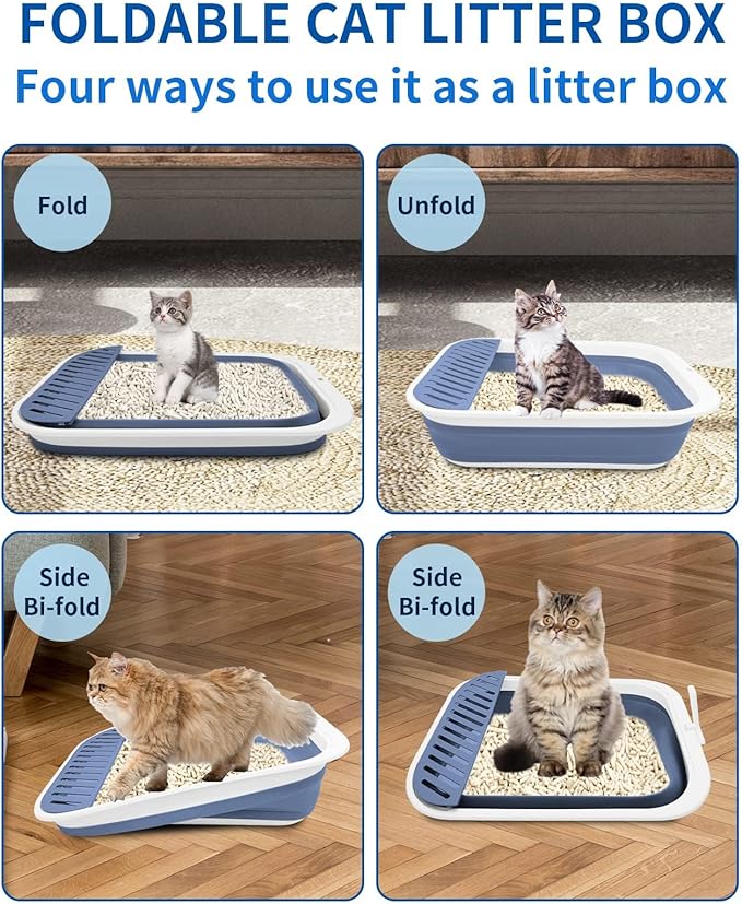 BNOSDM Collapsible Small Cat Litter Box for Kittens Open Potty Pan Foldable Cat Toilet with Scoop Senior Kitty Travel Shallow Litters Boxes Anti-Splash Waterproof Blue 17.7"×13.4"-Mewly Pet