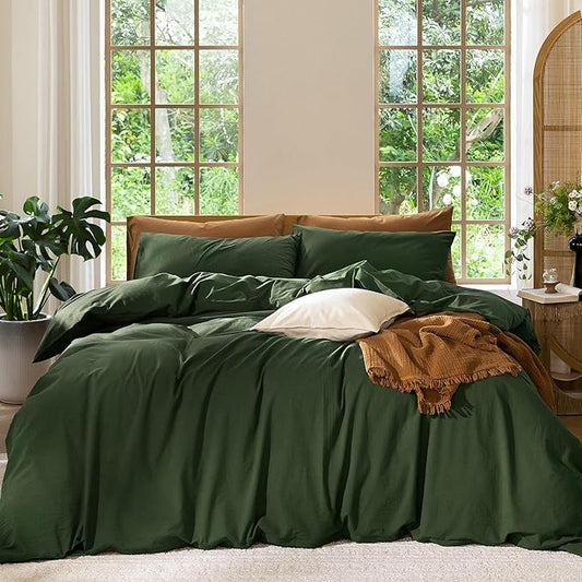 MooMee Bedding Duvet Cover Set 100% Washed Cotton Linen Like Textured Breathable Durable Soft Comfy (Solid Forest Green, Oversized Queen 98"x98")