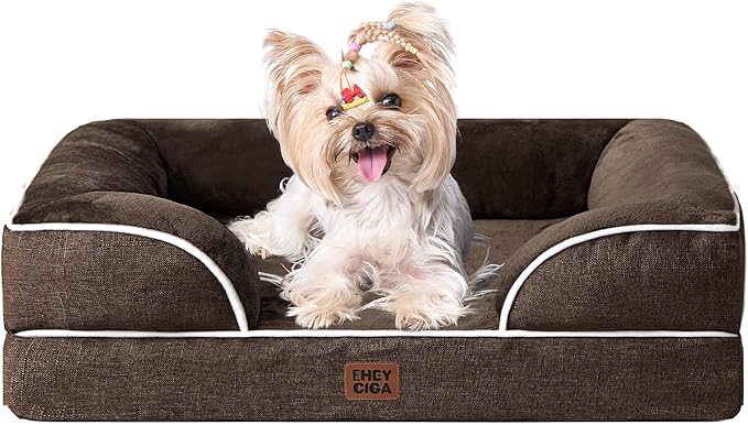 EHEYCIGA Orthopedic Dog Bed for Small Dogs, Waterproof Memory Foam Small Dog Beds with Sides, Non-Slip Bottom and Egg-Crate Foam Medium Pet Couch Bed with Washable Removable Cover, Brown-Mewly Pet