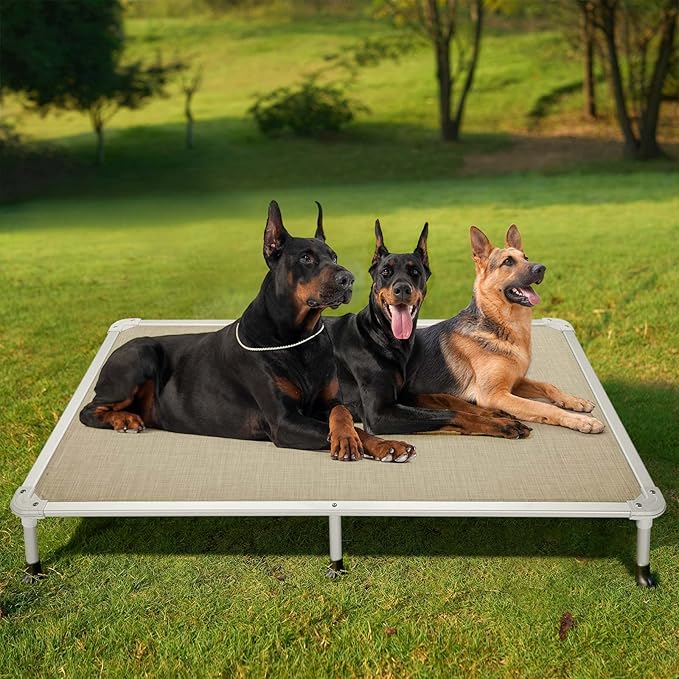 Veehoo Chew Proof Elevated Dog Bed - Cooling Raised Pet Cot - Silver Aluminum Frame and Durable Textilene Mesh Fabric, Unique Designed No-Slip Feet for Indoor or Outdoor Use, Beige Coffee, XX Large-Mewly Pet