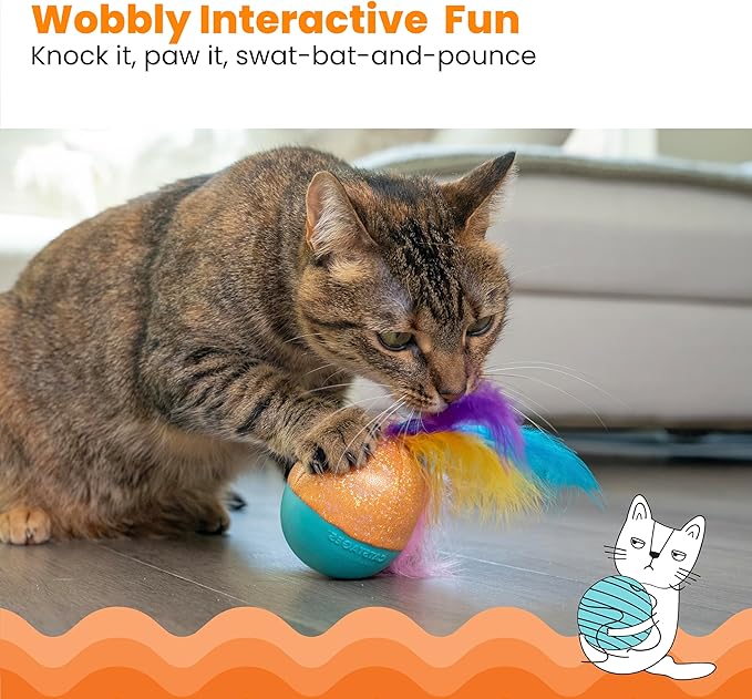 Catstages Whack N' Wobble Ball Intearctive Cat Toy, Weighted Ball with Feathers, Bell, Glitter Fabric & Catnip Oil, Turquoise-Mewly Pet