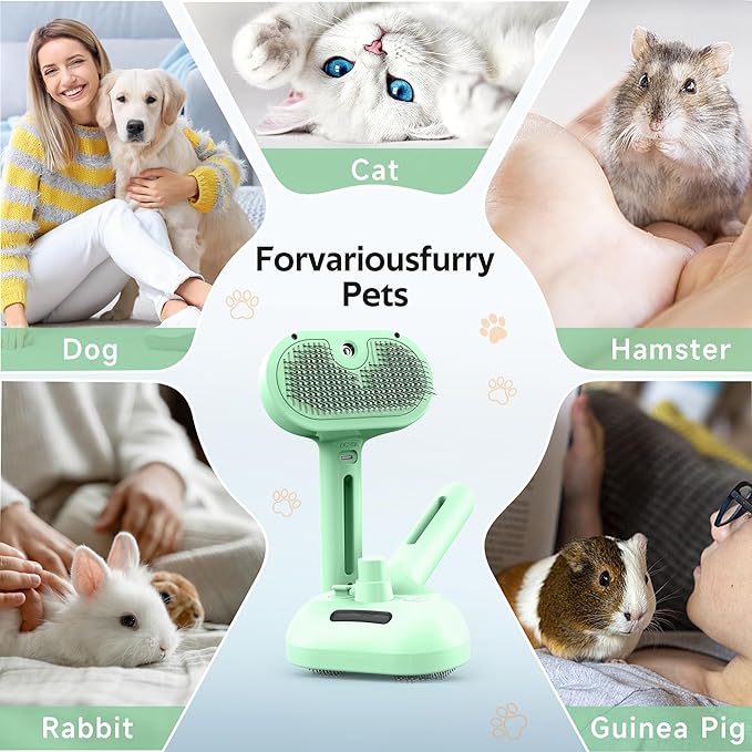 Pet Grooming Brush with Electronic Mist Spray - Gentle Deshedding Tool for Cats & Dogs, Pet Steam Brush，Reduces Shedding, Soft Bristles, Promotes Healthy Coat-Comes with a hair smoothing comb-Greener-Mewly Pet