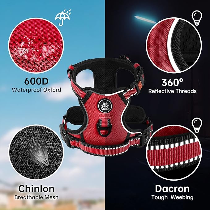 NESTROAD No Pull Dog Harness,Adjustable Oxford Dog Vest Harness with Leash,Reflective No-Choke Pet Harness with Easy Control Soft Handle for Large Dogs(Large,Red)-Mewly Pet