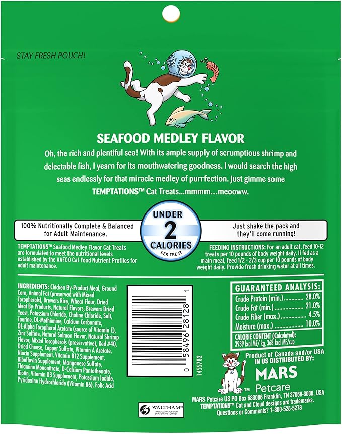 Temptations Classic Crunchy and Soft Cat Treats, Seafood Medley Flavor, 6.3 oz. Pouch (Pack of 10)-Mewly Pet