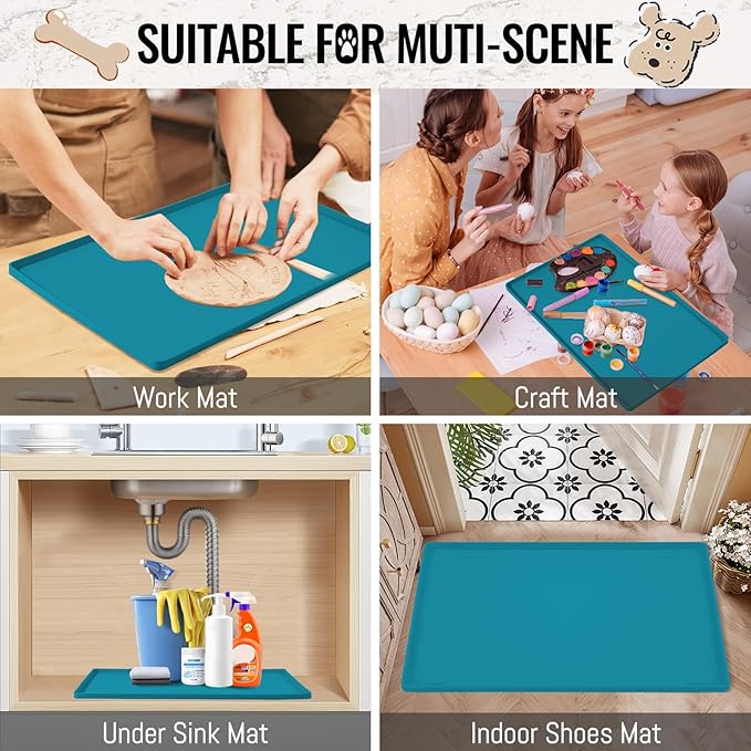 MateeyLife Dog & Cat Food Water Mat for Floors Waterproof, Nonslip Pets Bowl Feeding Mats with Raised Edges, Silicone Matt Tray for Messy Drinkers, 18"x12", Teal-Mewly Pet